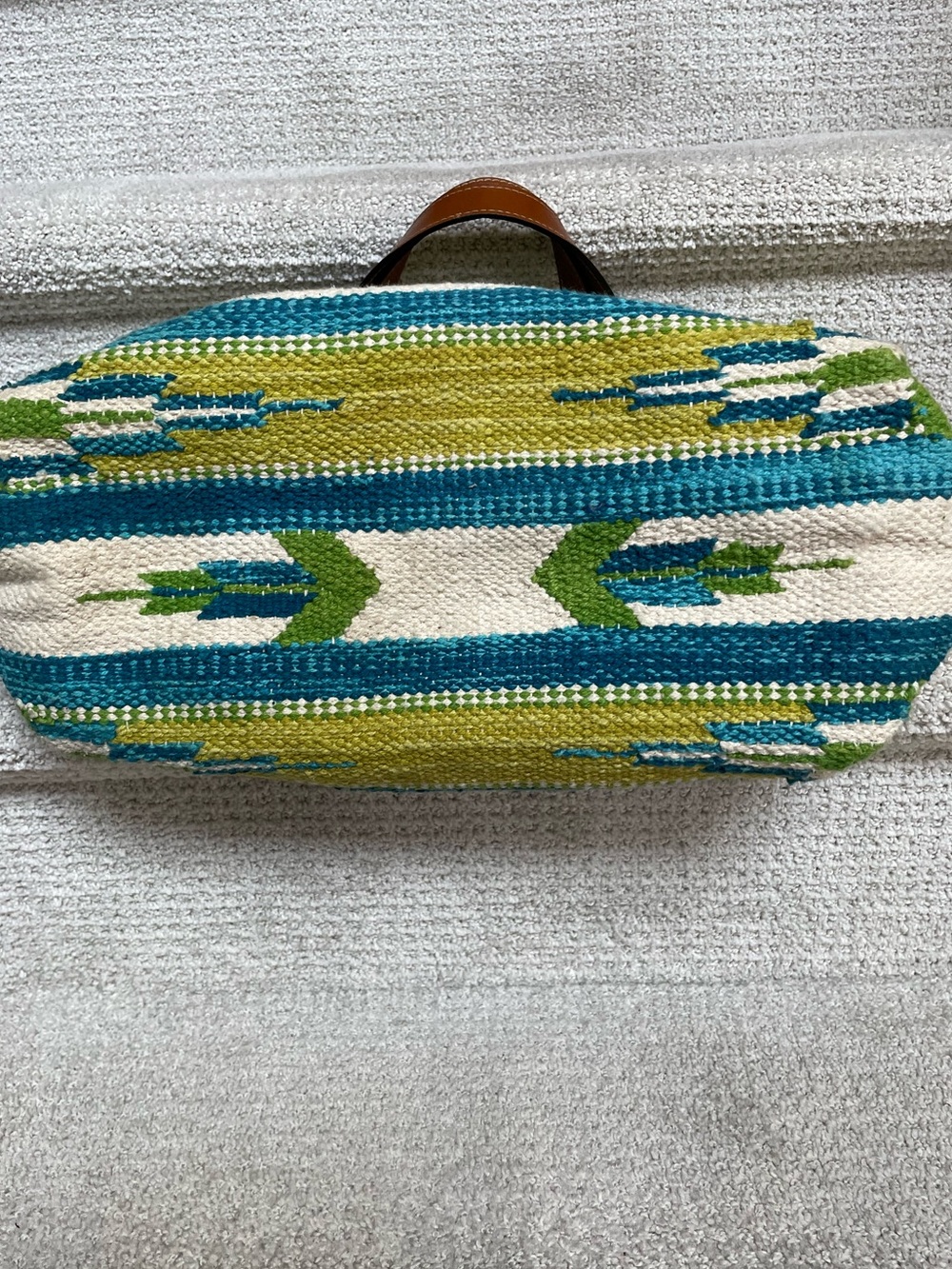 Woven Green & Blue Stripe Tote Bag with Leather Straps - Picture 4 of 15